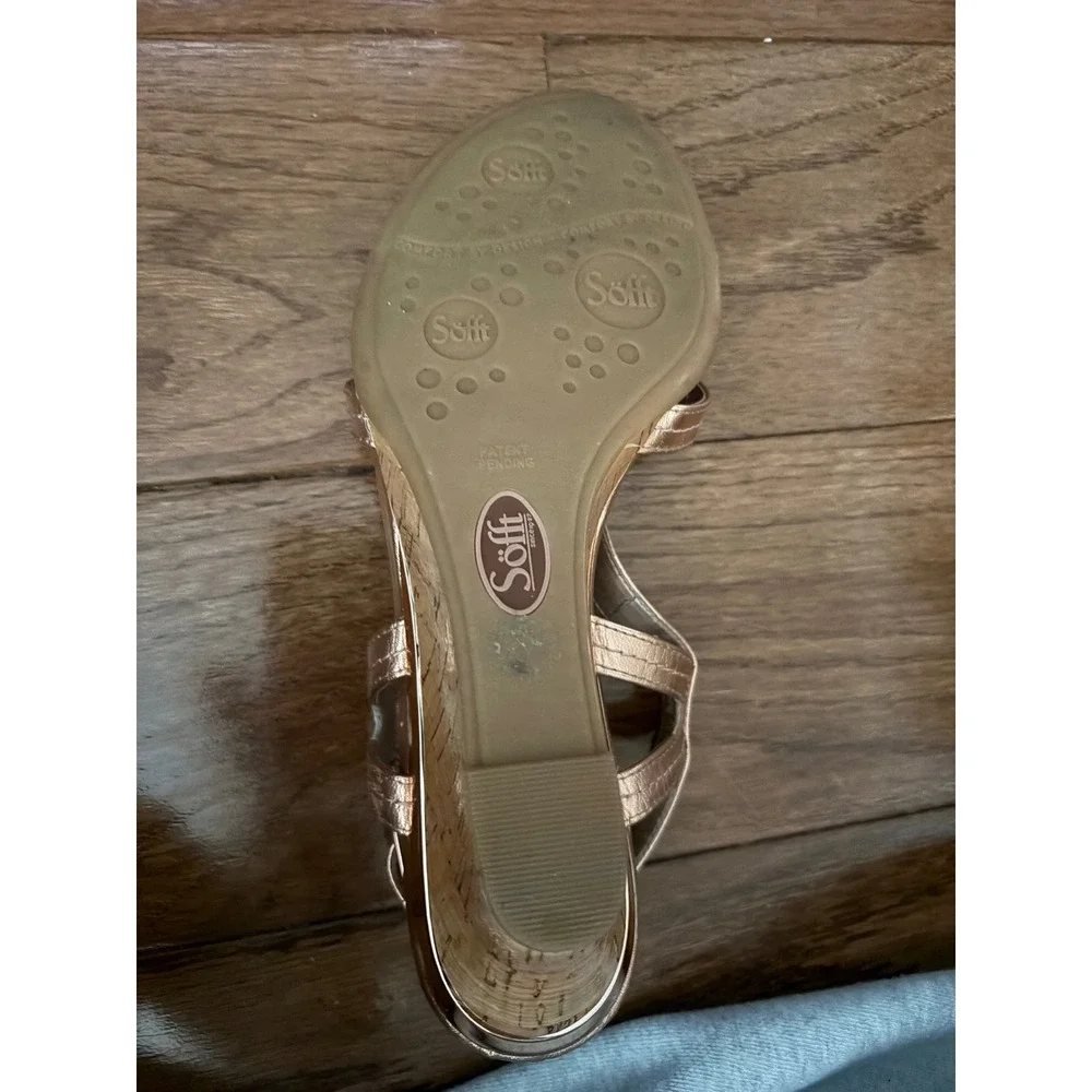 Sofft Rose Gold Metallic Leather Strappy Cork‎ Wedge Sandals Womens 9M